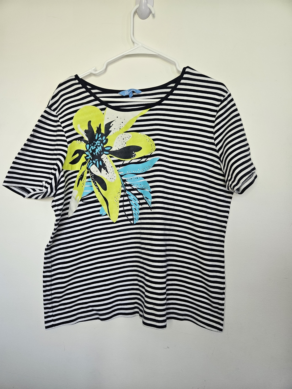 Women's Penmans Short Sleeve Striped Floral T-Shirt w/ Rhinestones Size XL
